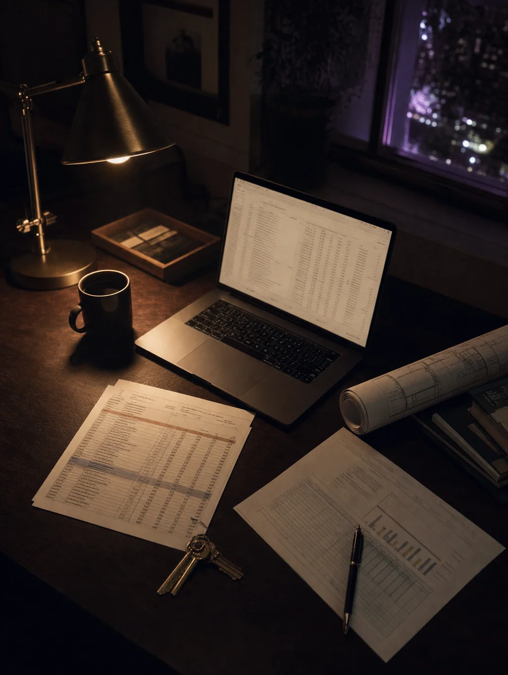Rent roll, pro forma, and keys on an operator's desk at night